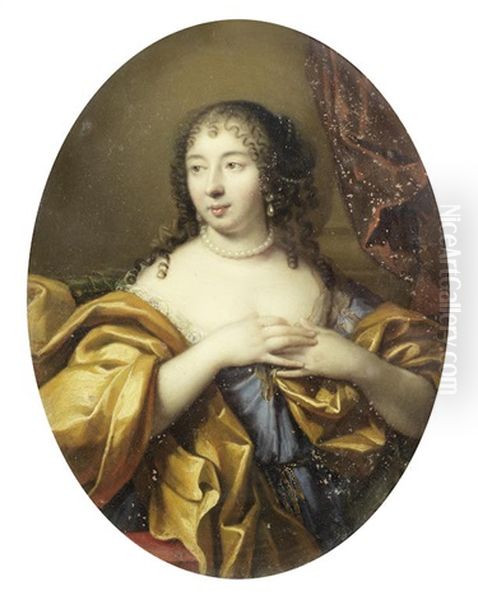 Portrait Of A Lady, Half-length, In A Blue Dress With A Gold Shawl Oil Painting by Pierre Mignard the Elder