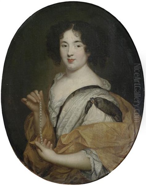 Portrait Of A Lady, Half-length, In A White Dress And Gold Wrap Oil Painting by Pierre Mignard the Elder