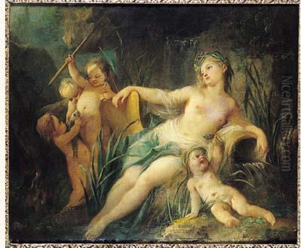 Une Nymphe Au Bain Avec Cupidon Oil Painting by Pierre Jacques Bethon