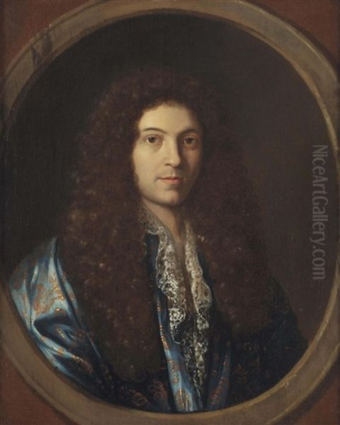 Portrait Of A Gentleman, Traditionally Said To Be Jean-baptiste Lully (1632-1687), Bust-length, In A Goldembroidered Blue Coat, In A Feigned Oval Oil Painting by Pierre Mignard the Elder