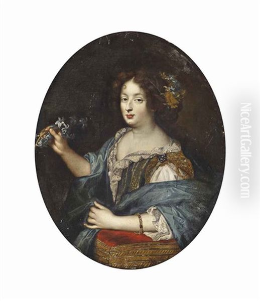 Portrait Of A Lady, Half-length, In A Lace-trimmed Green And Gold Dress And A Blue Wrap, Her Left Arm Resting On A Red Cushion And Blue Flowers In Her Right Hand Oil Painting by Pierre Mignard the Elder