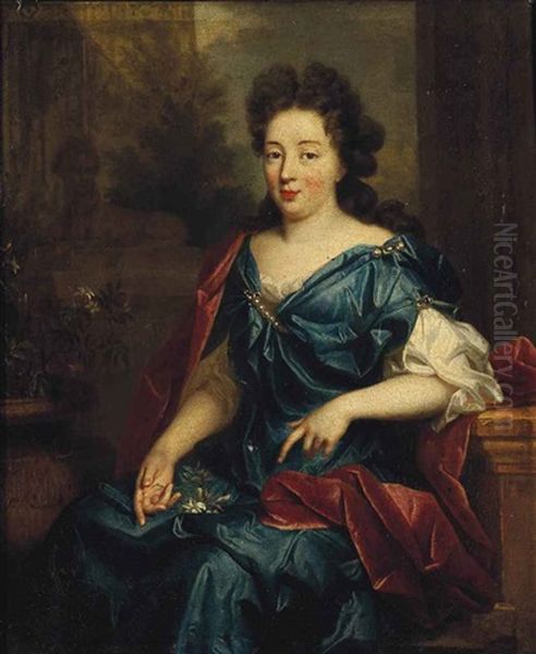 Portrait Of A Lady, Possibly Hortense Mancini, Duchess Of Mazarin (1640-1699), Three-quarter-length, Seated, In A Blue Silk Dress And Red Wrap... Oil Painting by Pierre Mignard the Elder