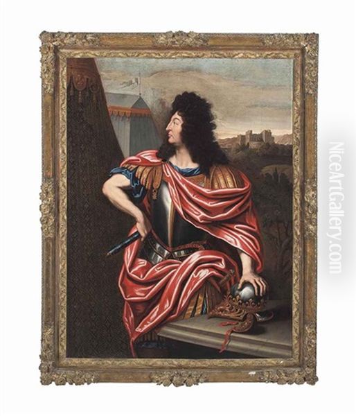 Portrait Of Louis Xiv (1638-1715), Three-quarter-length, As A Roman Emperor, Beside An Encampment, A Fortified Town Beyond Oil Painting by Pierre Mignard the Elder