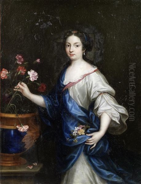 Portrait Of A Lady, Three-quarter-length, In A White Silk Dress And A Blue Shawl, Arranging Flowers by Pierre Mignard the Elder