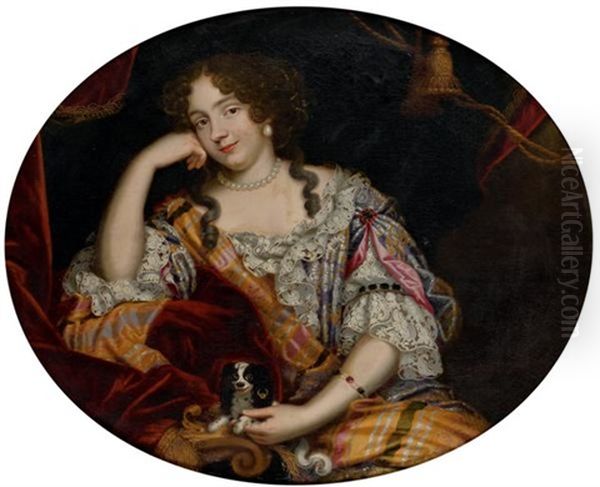 Portrait De Jeune Femme Avec Son Chien Et Portrait De Gentilhomme A La Veste De Brocard (pair) Oil Painting by Pierre Mignard the Elder