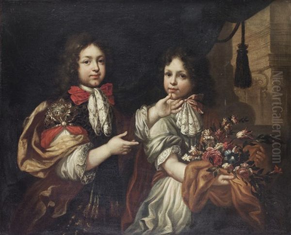 Portrait Of Two Boys, One Holding A Bouquet Of Flowers Oil Painting by Pierre Mignard the Elder