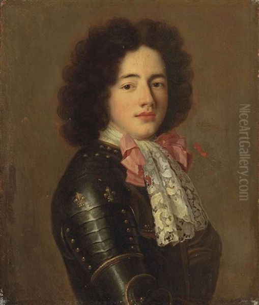 Portrait Of Louis De Bourbon, Comte De Vermandois (1667-1683) In Armour With The Royal Coat-of-arms On The Shoulder, A Lace Neckerchief And Pink Bow Oil Painting by Pierre Mignard the Elder