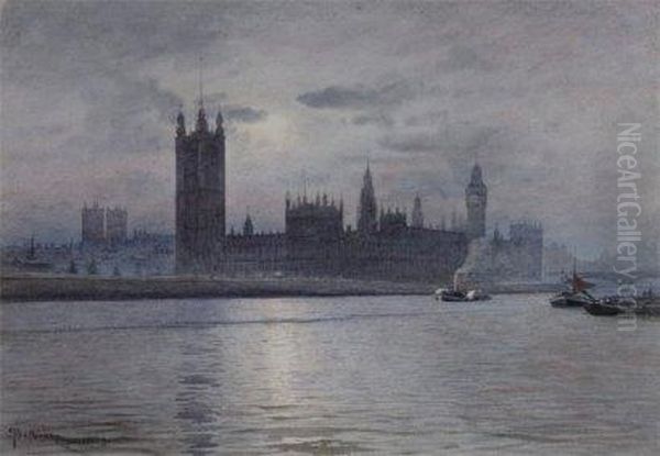 Londres, Le Parlement Et La Tamise Oil Painting by Gaston Bethune