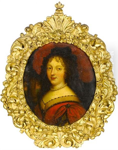 Portrait Of A Lady In A Red Dress And A Pearl Necklace, Before An Open Landscape Oil Painting by Pierre Mignard the Elder