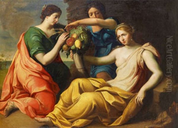 Tre Kvinnor Med Ymnighetshorn - Allegori Over Overflod Oil Painting by Pierre Mignard the Elder