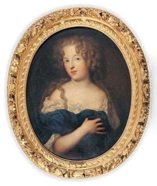 Portrait De Femme En Buste, Aux Yeux Bleus, Corsage Brodee, La Main Droite Sur Son Drape Bleu Oil Painting by Pierre Mignard the Elder