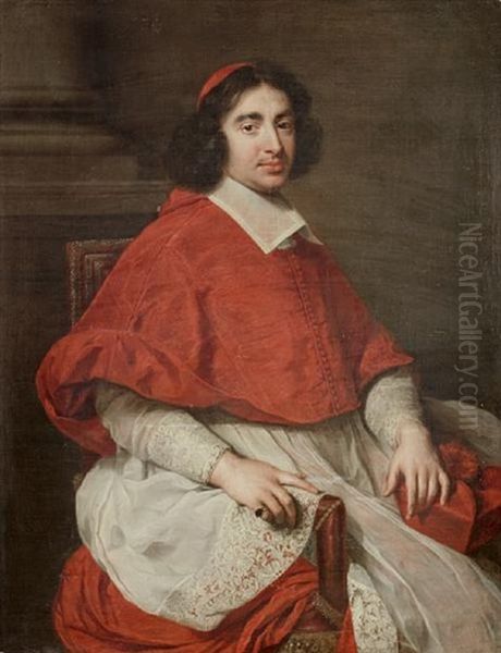 Portrait (jean-francois-paul De Gondi, Cardinal De Retz?) In Cardinal's Robes, Seated Beside A Column In An Interior Oil Painting by Pierre Mignard the Elder