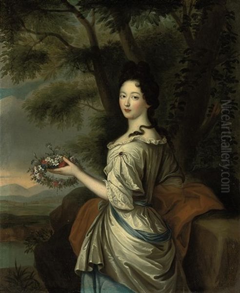 Portrait Of A Lady In A Lace-trimmed Gray And Blue Dress, A Wreath Of Flowers In Her Right Hand, In A Landscape Oil Painting by Pierre Mignard the Elder