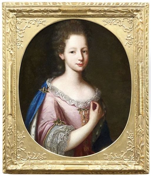 Junge Dame Im Spitzenbesetztem Rosa Seidenkleid Und Hermelingefutterten Blauen Mantel by Pierre Mignard the Elder