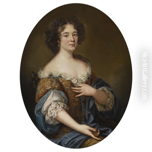 Portrait Of A Lady, Possibly Maria Mancini, Wearing A Richly Embroidered Dress And A Blue Shawl Oil Painting by Pierre Mignard the Elder