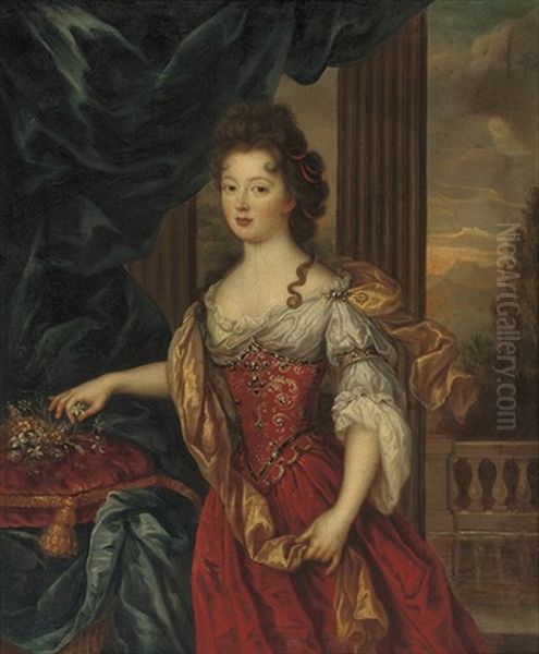 Portrait Of Marie-therese De Bourbon, Princesse De Conti (1666-1732), Three-quarter-length, In A Red And Gold Embroidered Dress, Flowers On A Red Velvet Cushion To Her Right, A Landscap Oil Painting by Pierre Mignard the Elder