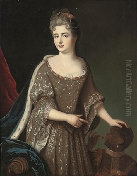 Portrait Of A Lady Traditionally Identified As Princess Marie-adelaide Of Savoy (1685-1712), Later Dauphine Of France, Three-quarter-length, In A Silver Embroidered Dress, Attended By A by Pierre Mignard the Elder