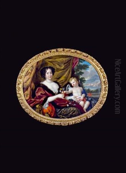 Portrait D'hortense Mancini, Duchesse De Mazarin, Recevant Des Fleurs De L'amour; Vers La Droite, Le Chateau Mignon Oil Painting by Pierre Mignard the Elder