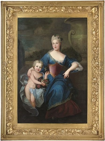 Portrait Of A Lady (madame De La Force?) Dressed As Flora, With A Child As A Putto by Pierre Mignard the Elder