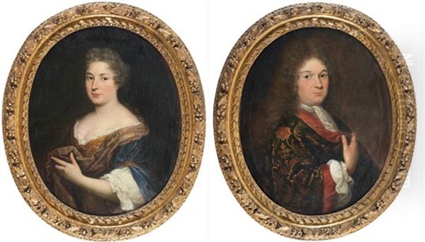 Portrait De Gentilhomme En Robe D'interieur Brodee (+ Portrait De Dame De Qualite; 2 Works) Oil Painting by Pierre Mignard the Elder