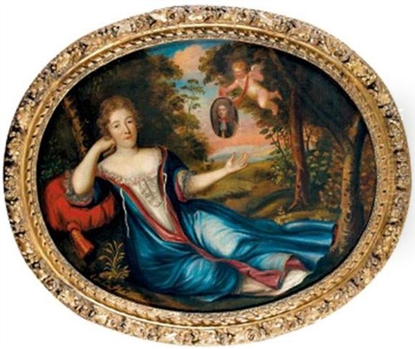 Portrait D'homme Montre Par Un Putto A Une Jeune Femme Dans Un Paysage Oil Painting by Pierre Mignard the Elder