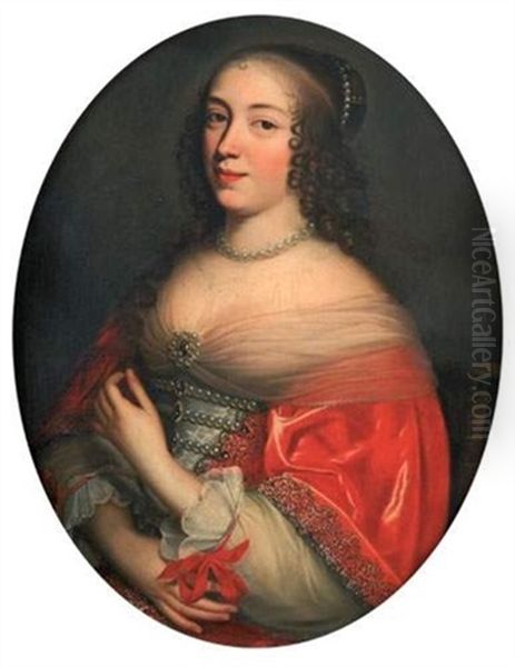 Portrait D'une Femme De Qualite, A Mi-corps, Vetue D'une Capeline Rouge A Broderie D'argent, Avec Un Ruban Rouge A La Manche Oil Painting by Pierre Mignard the Elder