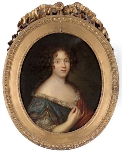 Portrait Of A Lady In A Blue Dress With Lace Trim And A Brown Wrap Oil Painting by Pierre Mignard the Elder