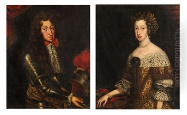 Portrait Of A Gentleman In Armour (+ Portrait Of A Lady In Gold And White Embroidered Dress; Pair) Oil Painting by Pierre Mignard the Elder