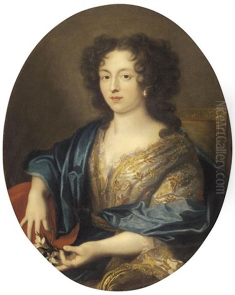 Portrait Of A Lady, Half Length, Wearing A Richly Embroidered Dress And A Blue Shawl And Holding A Flower Oil Painting by Pierre Mignard the Elder