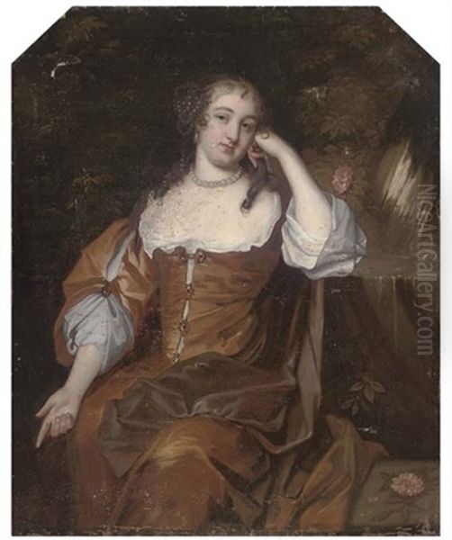 Portrait Of A Lady, Seated, In A Brown Dress And A Purple Wrap Before A Fountain Oil Painting by Pierre Mignard the Elder