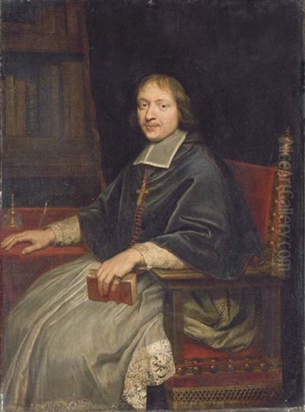 Portrait Of A Cleric, (jean-francois-paul De Gondi, Future Cardinal De Retz?), Seated Three-quarter-length, A Book In His Hand, At A Table Oil Painting by Pierre Mignard the Elder