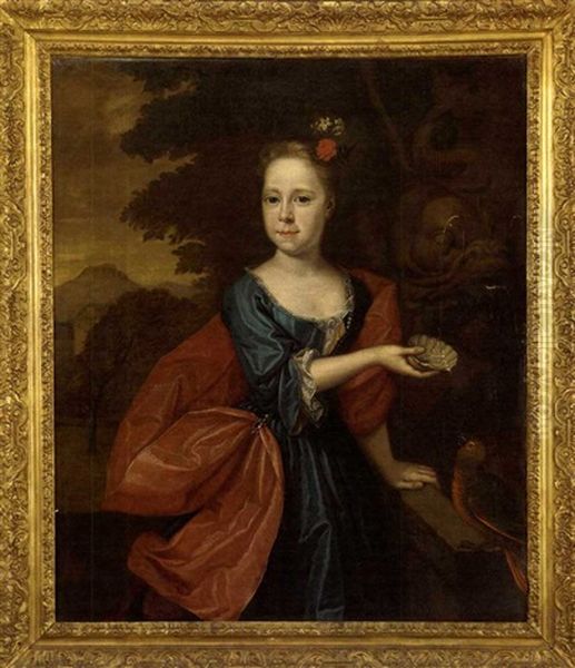 Portrait Of A Lady, In A Blue Dress And A Red Wrap, Holding A Scallop Shell By A Fountain, A Garden Beyond Oil Painting by Pierre Mignard the Elder