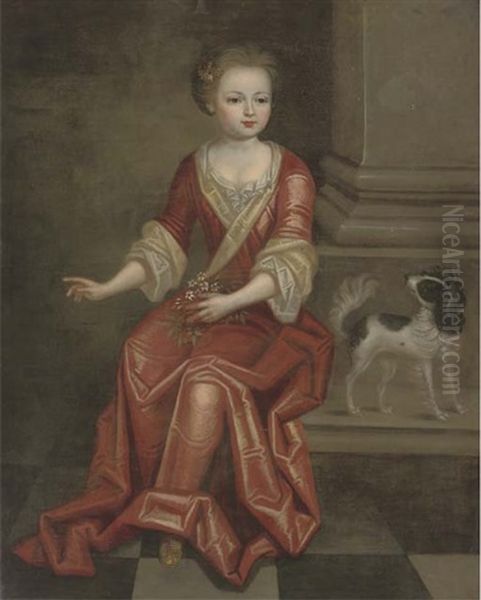 Portrait Of A Young Girl, Seated Full-length, In A Red Dress, By A Column, Holding A Sprig Of Jasmine In Her Left Hand, A Spaniel At Her Side Oil Painting by Pierre Mignard the Elder