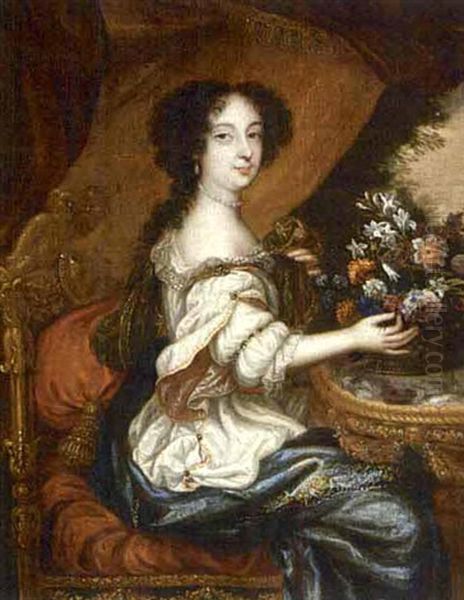 A Portrait Of A Lady, Seated, Wearing A White Dress With A Blue Shawl And Holding A Basket Of Flowers Oil Painting by Pierre Mignard the Elder