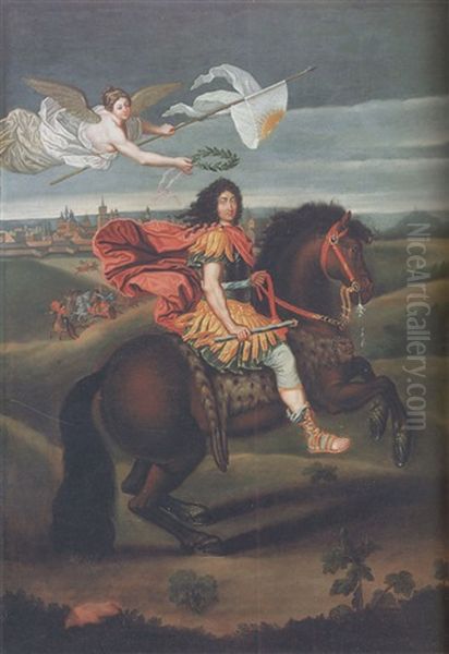 An Equestrian Portrait Of Louis Xiv, Crowned By Victory, Before Maastricht Oil Painting by Pierre Mignard the Elder