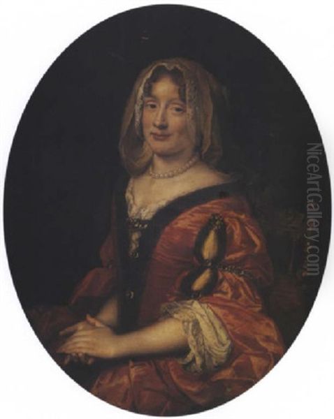 Portrait De Jeune Femme En Robe Rouge Bordee De Fourrure Oil Painting by Pierre Mignard the Elder