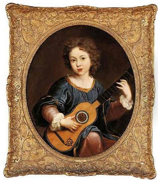 A Young Girl Playing A Guitar Oil Painting by Pierre Mignard the Elder