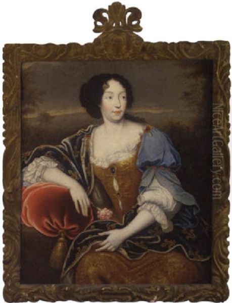 Portrait Of Louise Renee De Penancoet De Keroualle, Duchess Of Portsmouth, In A Gold Embroidered Dress And Fleur-de-lys Mantle, Holding A Carnation, In A Landscape Oil Painting by Pierre Mignard the Elder