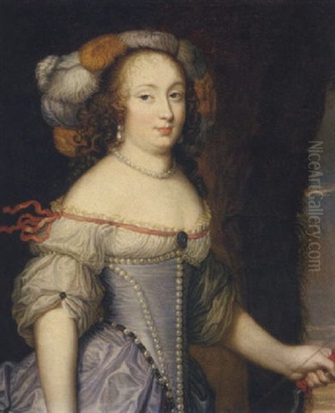 Portrait Of The Francoise Athenais De Rochechouart De Mortemart, As Diana, Wearing A Feathered Head-dress And Holding A Bow In Her Left Hand Oil Painting by Pierre Mignard the Elder