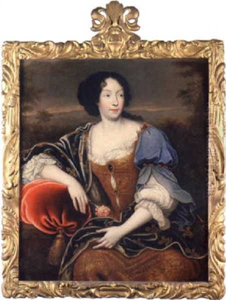 Portrait Of Elisabeth (isabelle) D'orleans, Duchesse De Guise, In A Gold Embroidered Dress, With An Embroidered Blue Wrap Oil Painting by Pierre Mignard the Elder