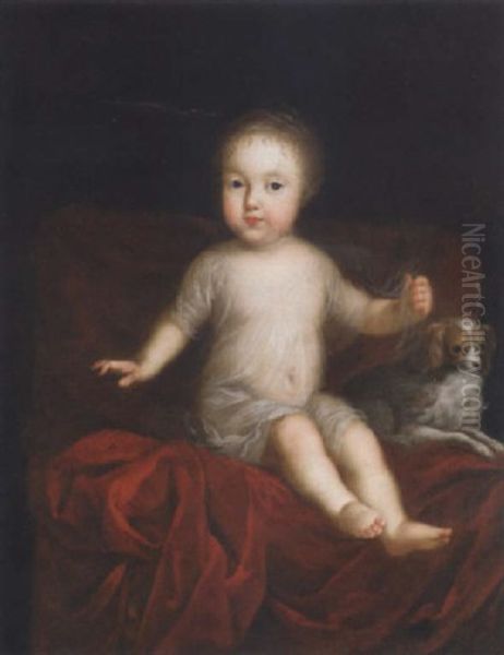 Portrait Of A Child, Sitting On A Red Satin Draped Chair Beside A Spaniel Oil Painting by Pierre Mignard the Elder