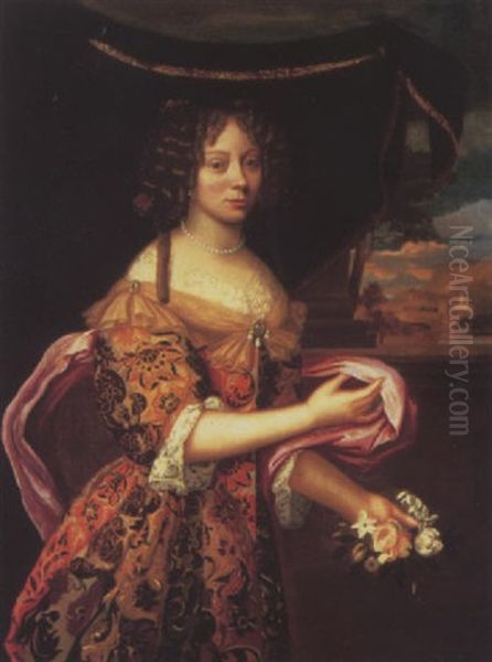 Portrait Of Princess Palatine, Standing Beneath A Canopy As Flora, A Mediterranean Town Beyond Oil Painting by Pierre Mignard the Elder