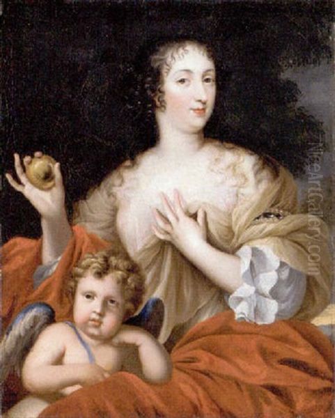 Portrait Of A Lady As Venus Seated In A White Dress With A Red Mantle, Holding A Golden Apple, With Cupid Beside Her Oil Painting by Pierre Mignard the Elder