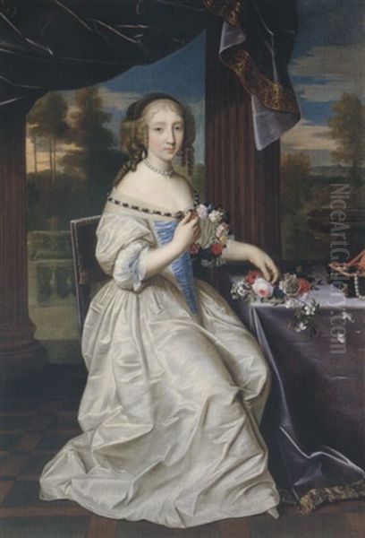 Portrait Of A Young Lady Wearing An Ivory And Blue Dress, Holding A Garland Of Flowers, Set Within A Portico Oil Painting by Pierre Mignard the Elder