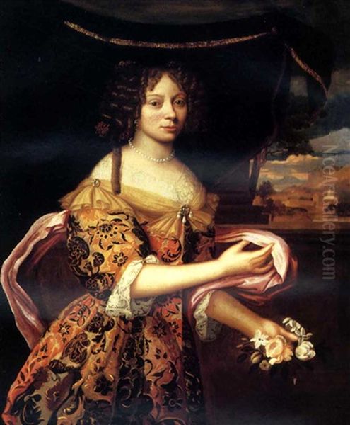 Portrait Of A Lady (anna De Gonzaga, Princess Palatine?) Standing Beneath A Canopy As Flora, A Mediterranean Town Beyond Oil Painting by Pierre Mignard the Elder