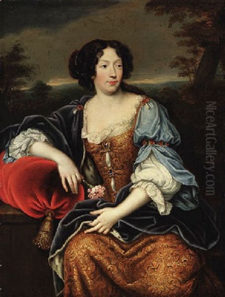 Portrait Of A Lady Seated, In A Blue And Gold Brocade Dress And An Ermine Lined Wrap, A Wooded Landscape Beyond Oil Painting by Pierre Mignard the Elder