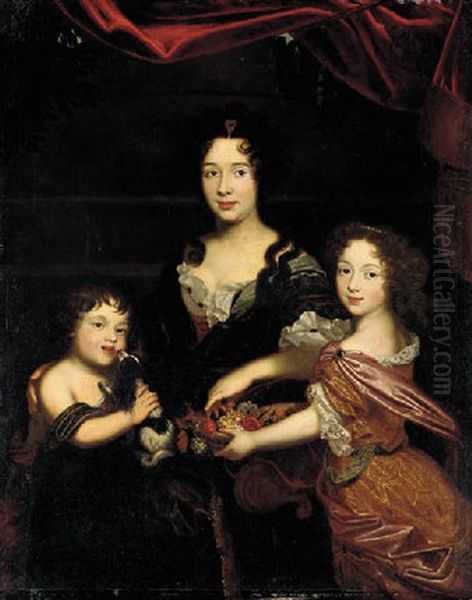 Portrait Of A Lady (countess Mancini?) In A Dark Purple Dress, With Her Son Holding A Dog And Her Daughter A Basket Of Flowers Oil Painting by Pierre Mignard the Elder