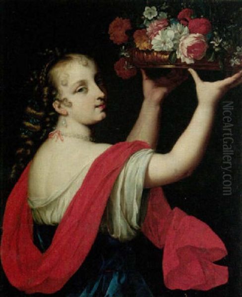 A Portrait Of A Young Lady, Holding Up A Basket Of Flowers Oil Painting by Pierre Mignard the Elder