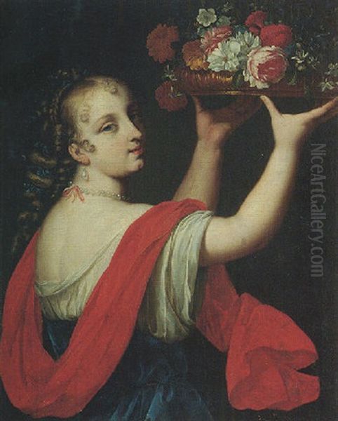 Portrait Of A Young Lady Holding Up A Basket Of Flowers Oil Painting by Pierre Mignard the Elder