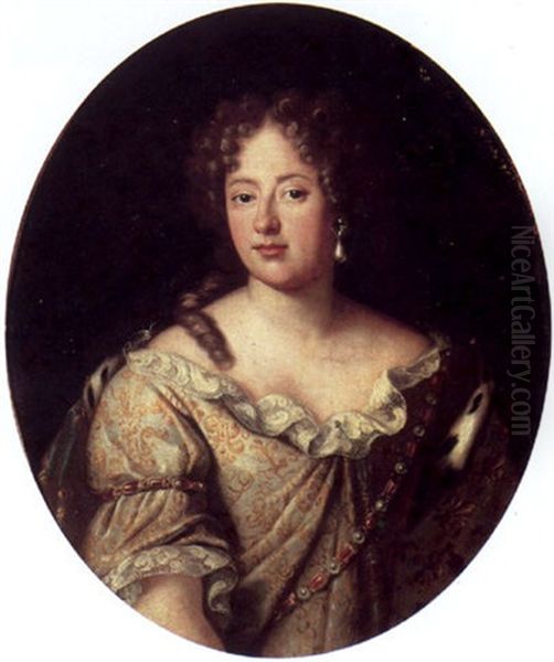 Portrait Of A Lady, Wearing A Low Cut Dress With Gold Brocade, Pearl And Ruby Jewellery And An Ermine Lined Blue Cloak Around Her Shoulder Oil Painting by Pierre Mignard the Elder